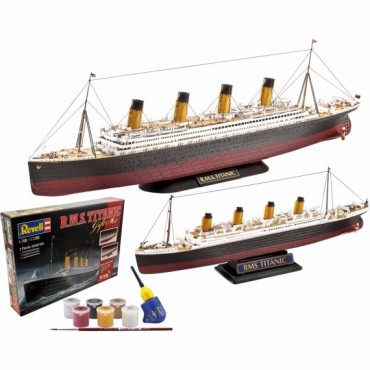 KIT PARA MONTAR REVELL NAVIO GIFT SET R.M.S. TITANIC COM 2 KITS EM ESCALA 1/700 E 1/1200 COM TINTAS COLA E PINCEL REV 05727